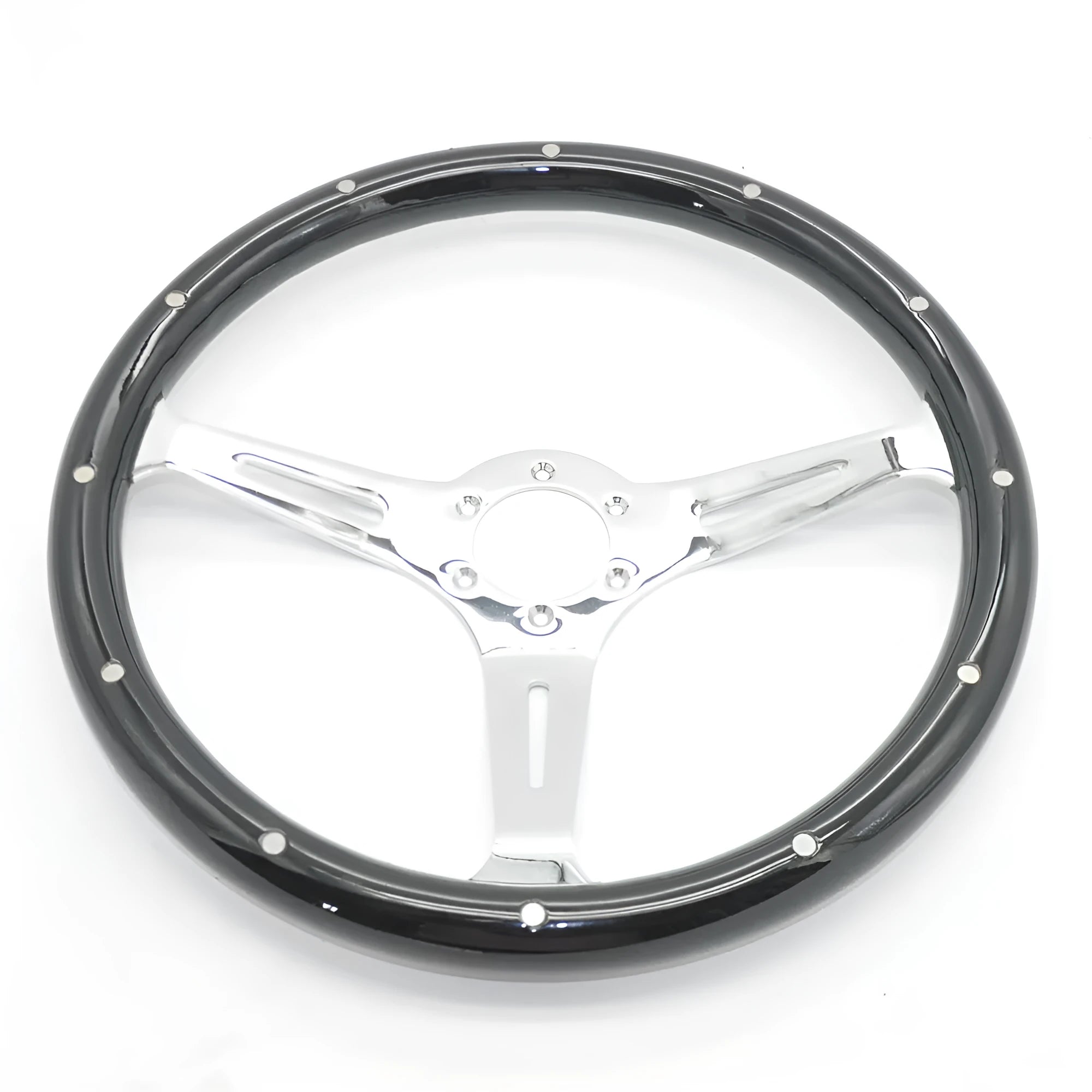 Black 15-inch peach wood car steering wheel with a bright electroplated centre and 6-hole bolt pattern.