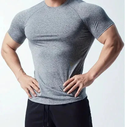 Men's grey quick-dry polyester short sleeve running t-shirt on a hanger.