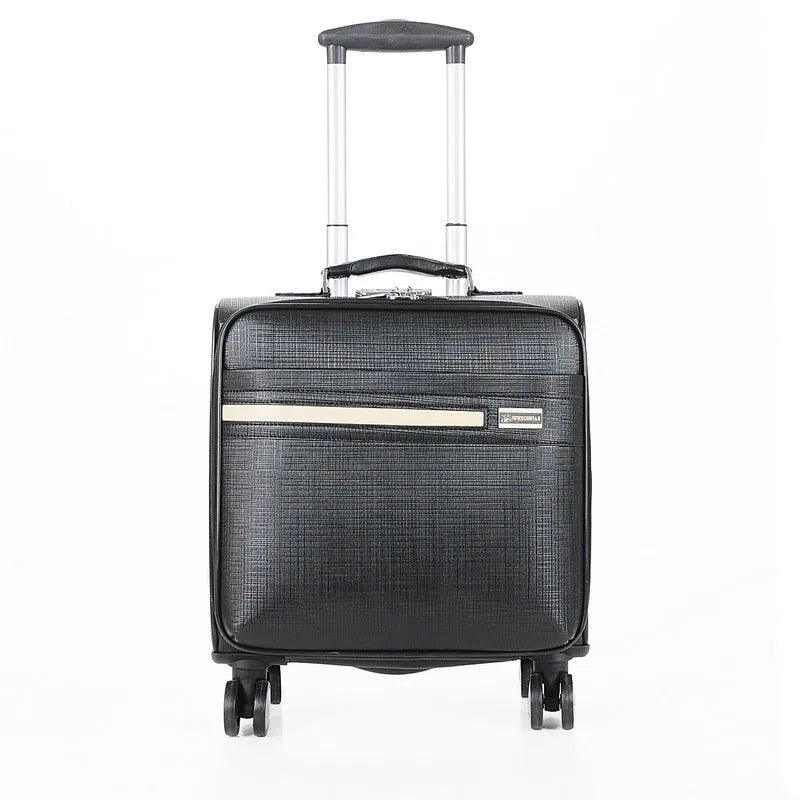 Black hard-sided 18-inch wheeled business case with a combination lock and telescopic handle.