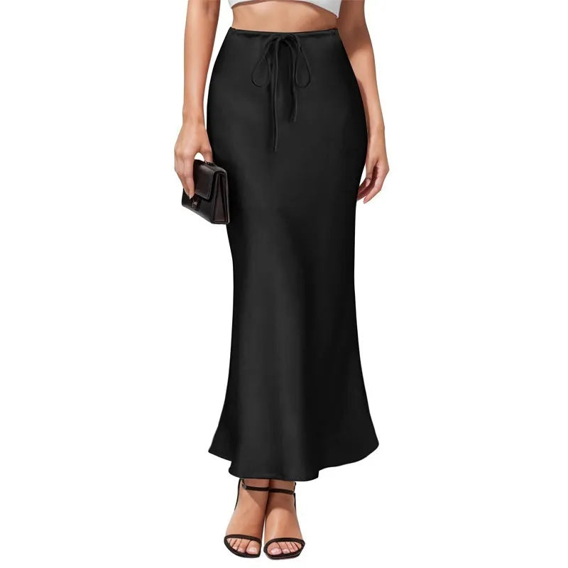 Asymmetric acetate satin skirt with high waist and irregular stitching in multiple colour options