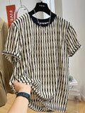 Black striped men's casual loose short sleeve shirt made from silk and linen blend fabric