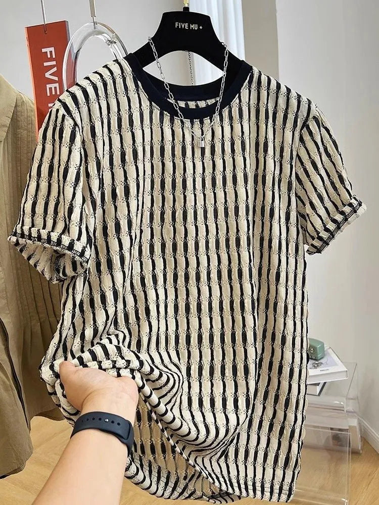 Black striped men's casual loose short sleeve shirt made from silk and linen blend fabric