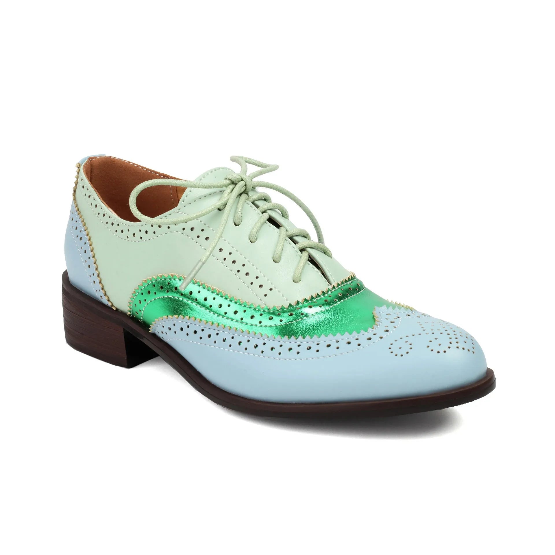 Retro British contrasting colour brogue high-cut lace-up shoes, round toe, low heel, sizes 35-39