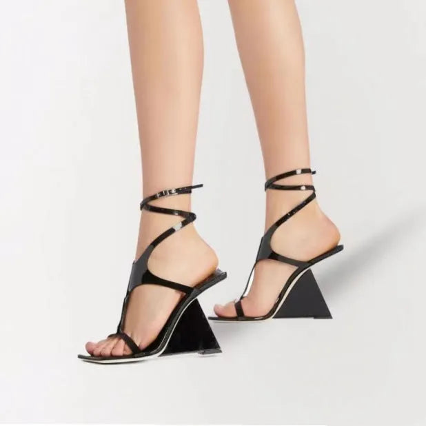 Women's black square-toe high heel sandals with a 9.5cm heel and ankle strap.