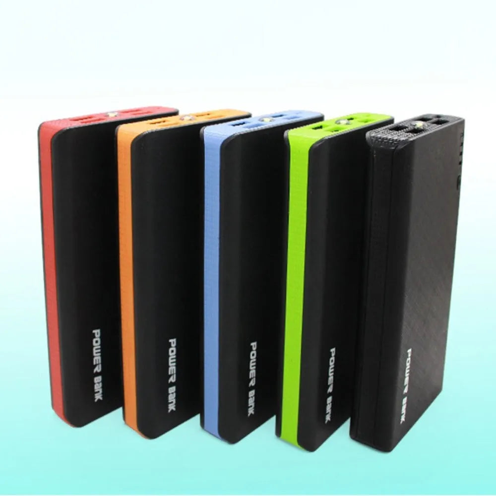 4U 20000mAh power bank in blue, showing size next to a smartphone for scale.