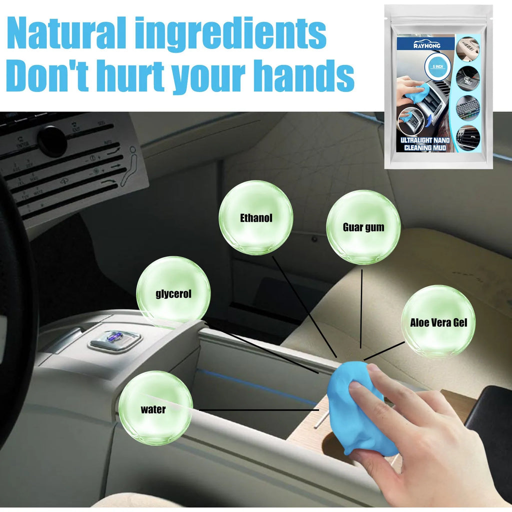 A block of grey car interior cleaning mud, 15cm by 10cm, for dust removal from vents and gaps.