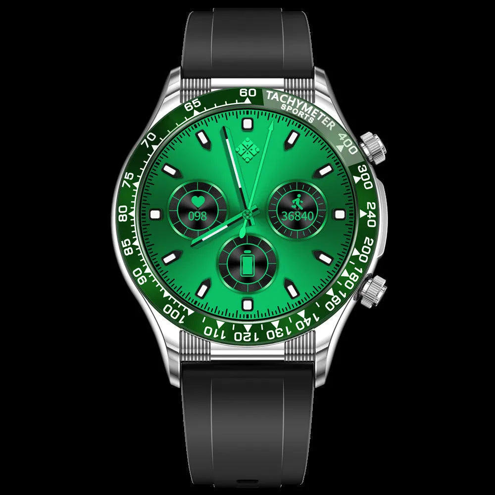 Men's business smart watch with 1.32-inch IPS screen, zinc alloy case, and silicone strap showing health monitoring interface