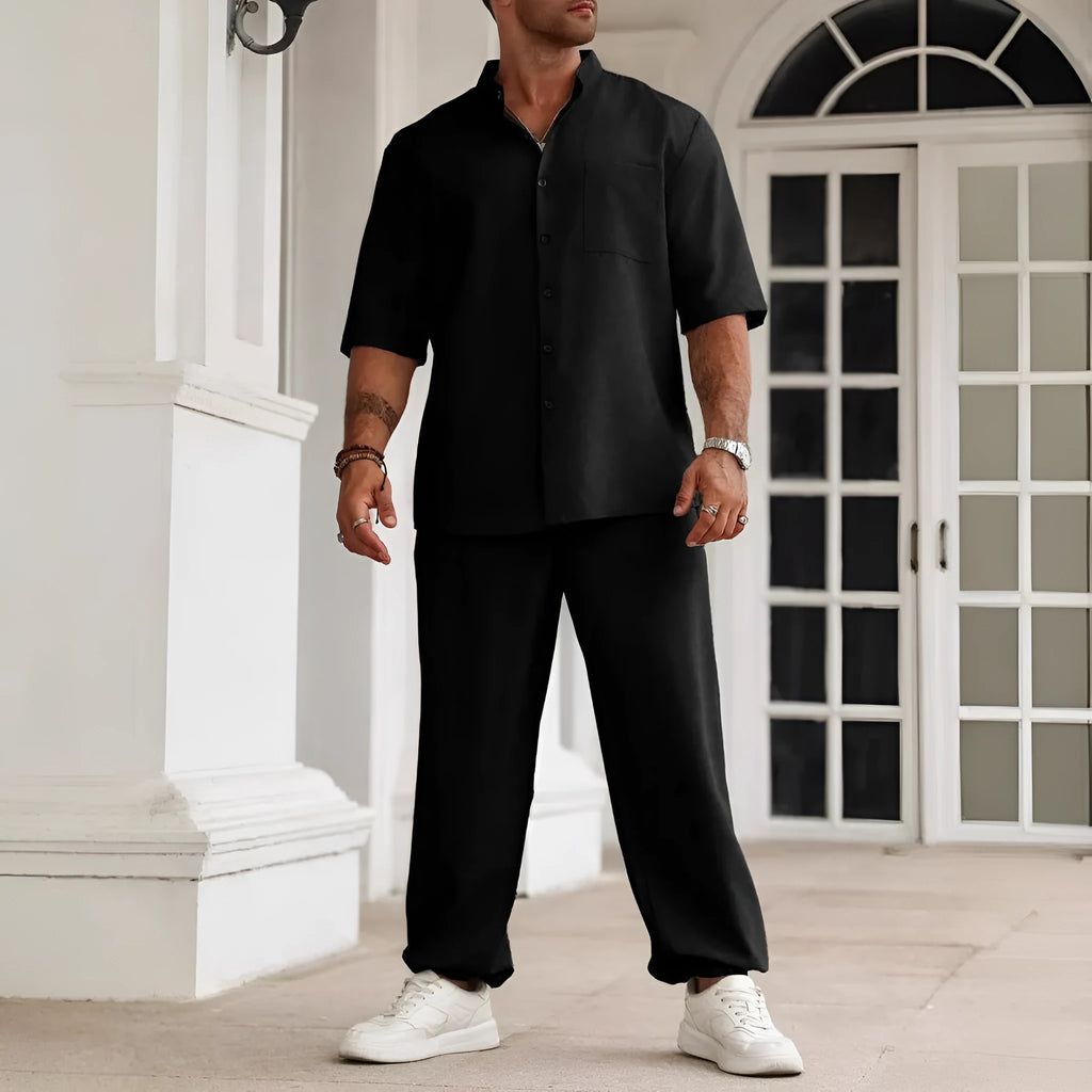 Men's cotton linen casual shirt and trouser set in apricot colour for spring leisure wear