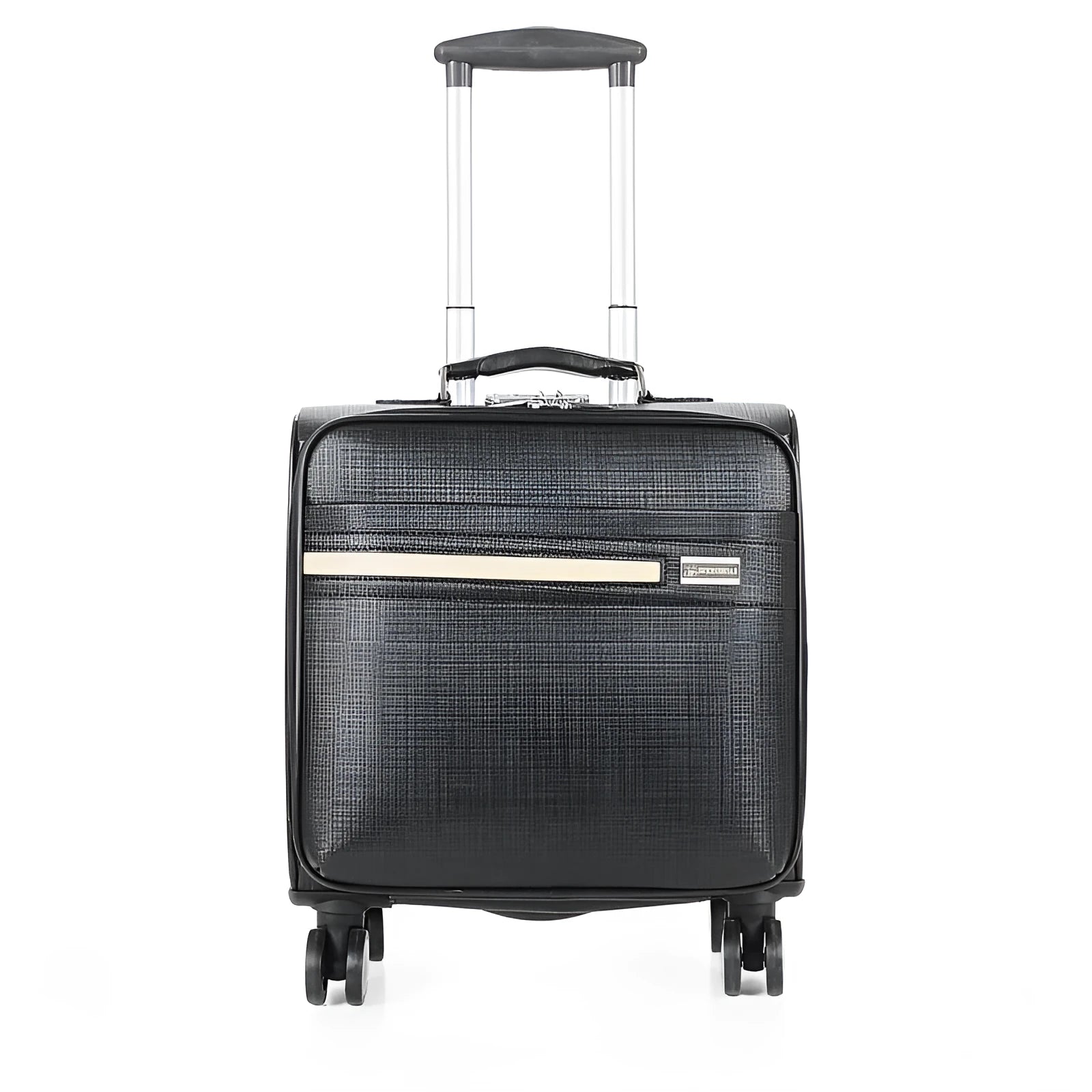 Black hard-sided 18-inch wheeled business case with a combination lock and telescopic handle.