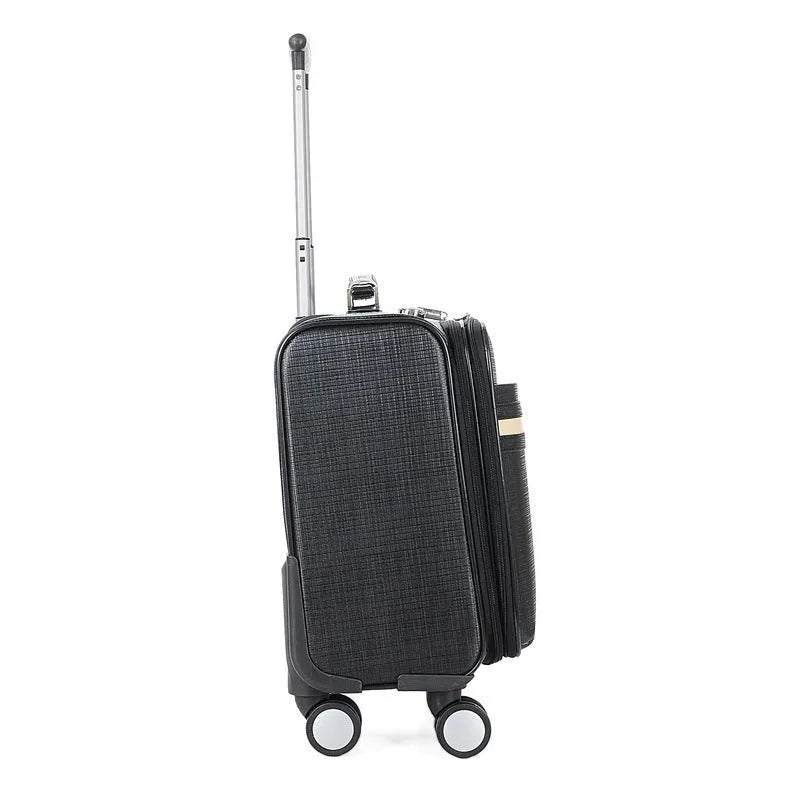 Black hard-sided 18-inch wheeled business case with a combination lock and telescopic handle.