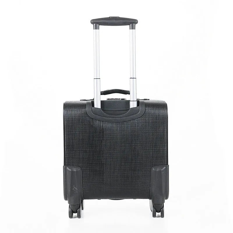 Black hard-sided 18-inch wheeled business case with a combination lock and telescopic handle.
