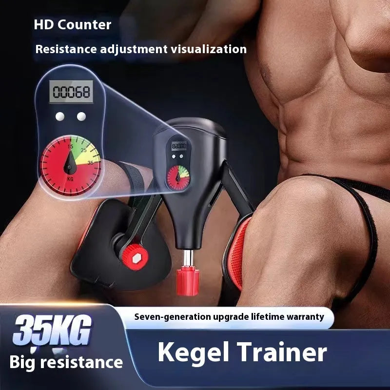Black and grey men's Kegel trainer for PC muscle exercise with optional straps.