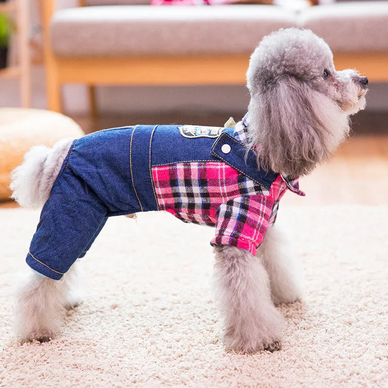 Paw print bear cotton padded pet clothes in brown black spot, grey navy blue spot, and thickened badge lattice, sizes XS to XL