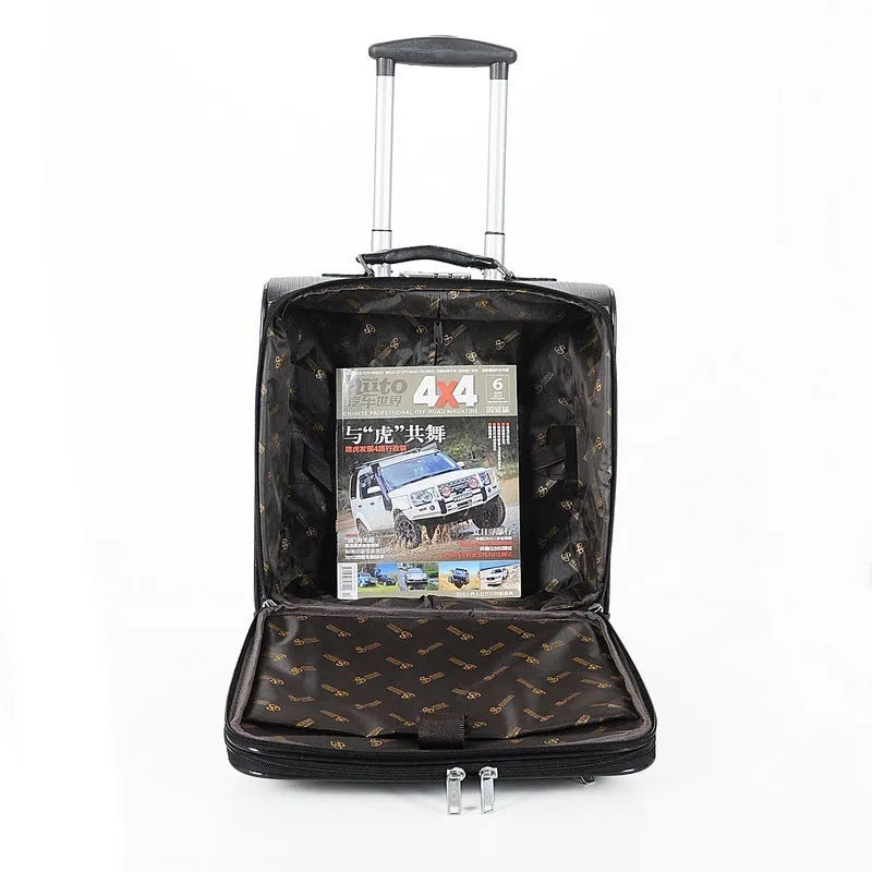 Black hard-sided 18-inch wheeled business case with a combination lock and telescopic handle.