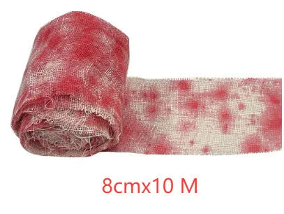 Halloween bloody dyed gauze bandage roll with 8cm width on wooden background