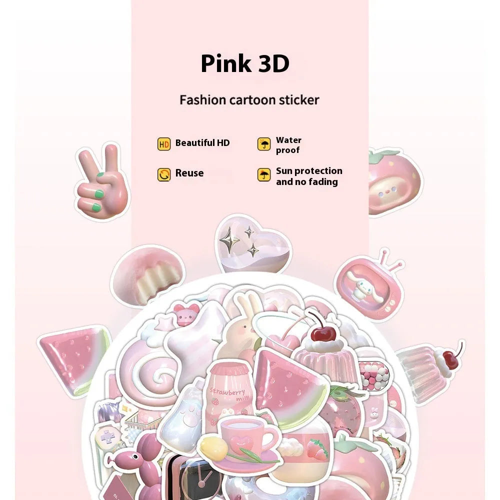 Sheet of 63 light pink 3D decorative stickers with cute girl and heart designs.