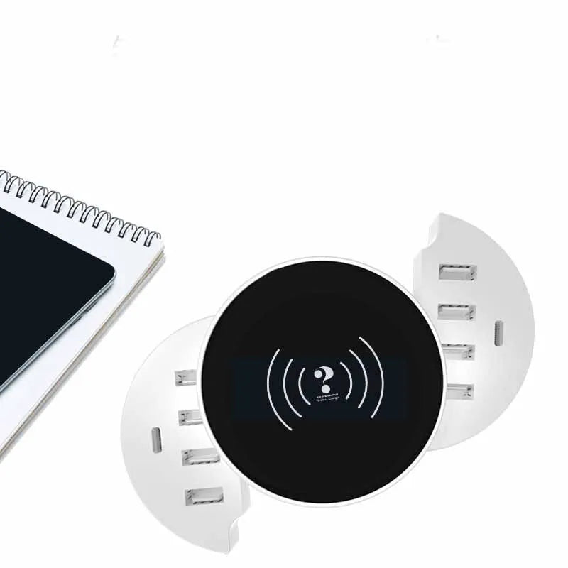 Ceramic white circular wireless charger with USB port and international plug adapters