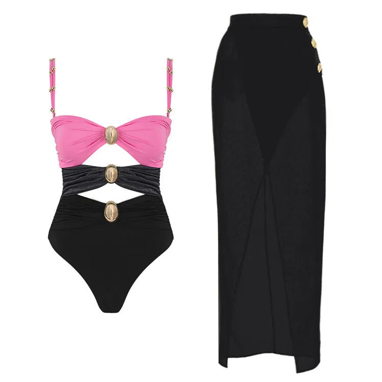 Women's one-piece swimsuit with matching skirt in solid colour with gold button accents
