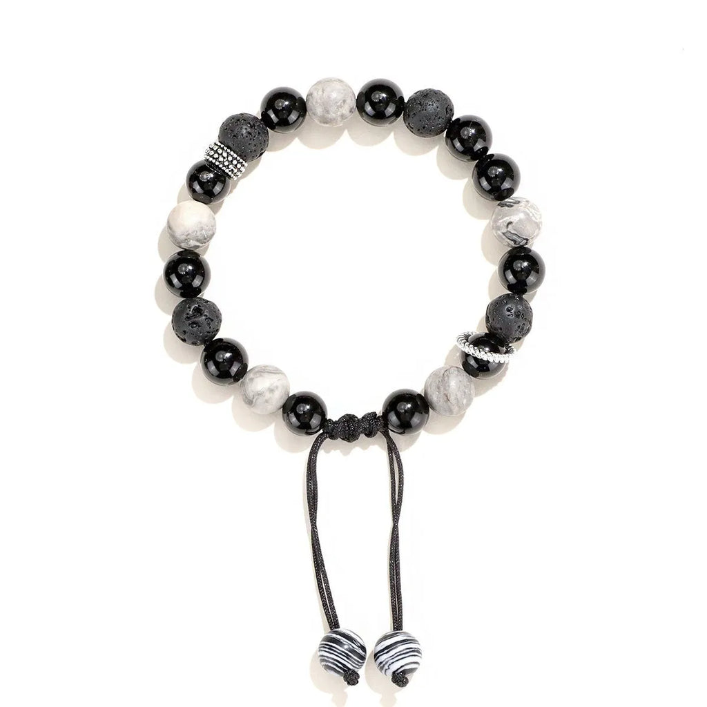 Black agate map stone volcanic rock bracelet with diamond shape and electroplated metal, shown in 8mm and 10mm sizes