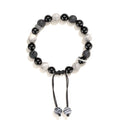 Black agate map stone volcanic rock bracelet with diamond shape and electroplated metal, shown in 8mm and 10mm sizes