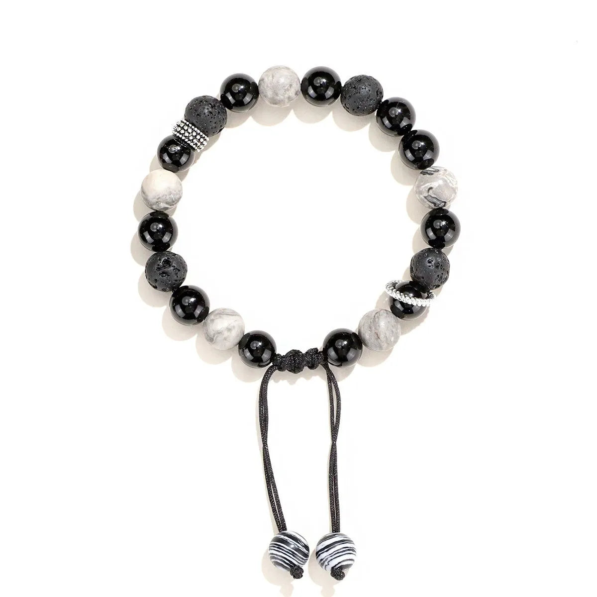 Black agate map stone volcanic rock bracelet with diamond shape and electroplated metal, shown in 8mm and 10mm sizes