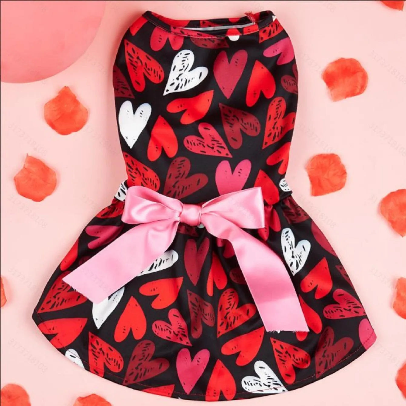 Pet dog cat Valentine's Day love full printed dress in polyester, black and white, sizes XS to 2XL