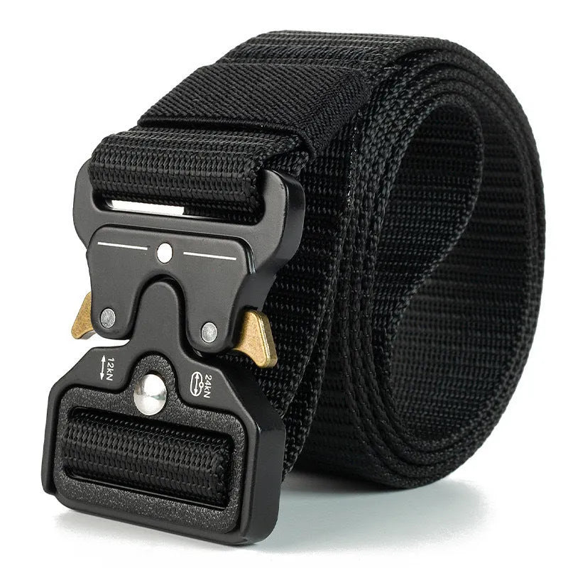 Men's tactical canvas belt with alloy buckle in multiple colour options showing 120cm length