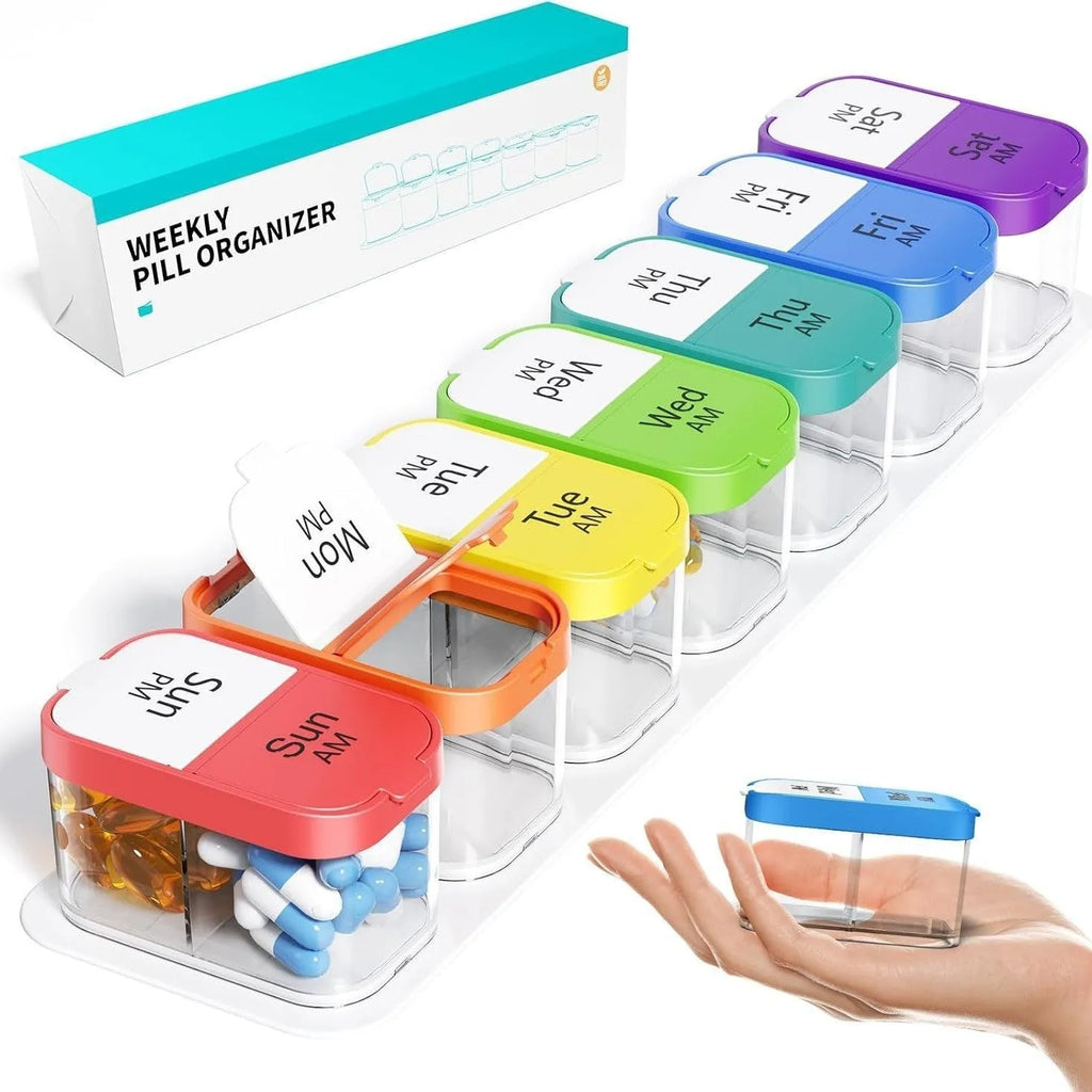 White and rainbow coloured disassemblable large plastic pill organiser box with detached sections.