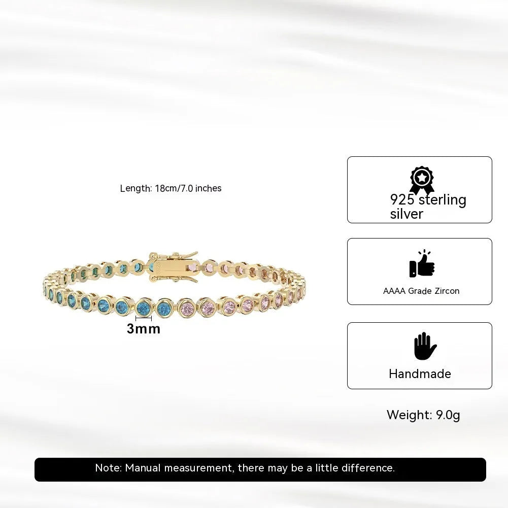 S925 sterling silver two-tone zircon bracelet with round geometric links and electroplated finish