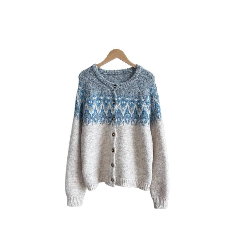 Women's beige jacquard knit sweater coat with loose fit and long sleeves.