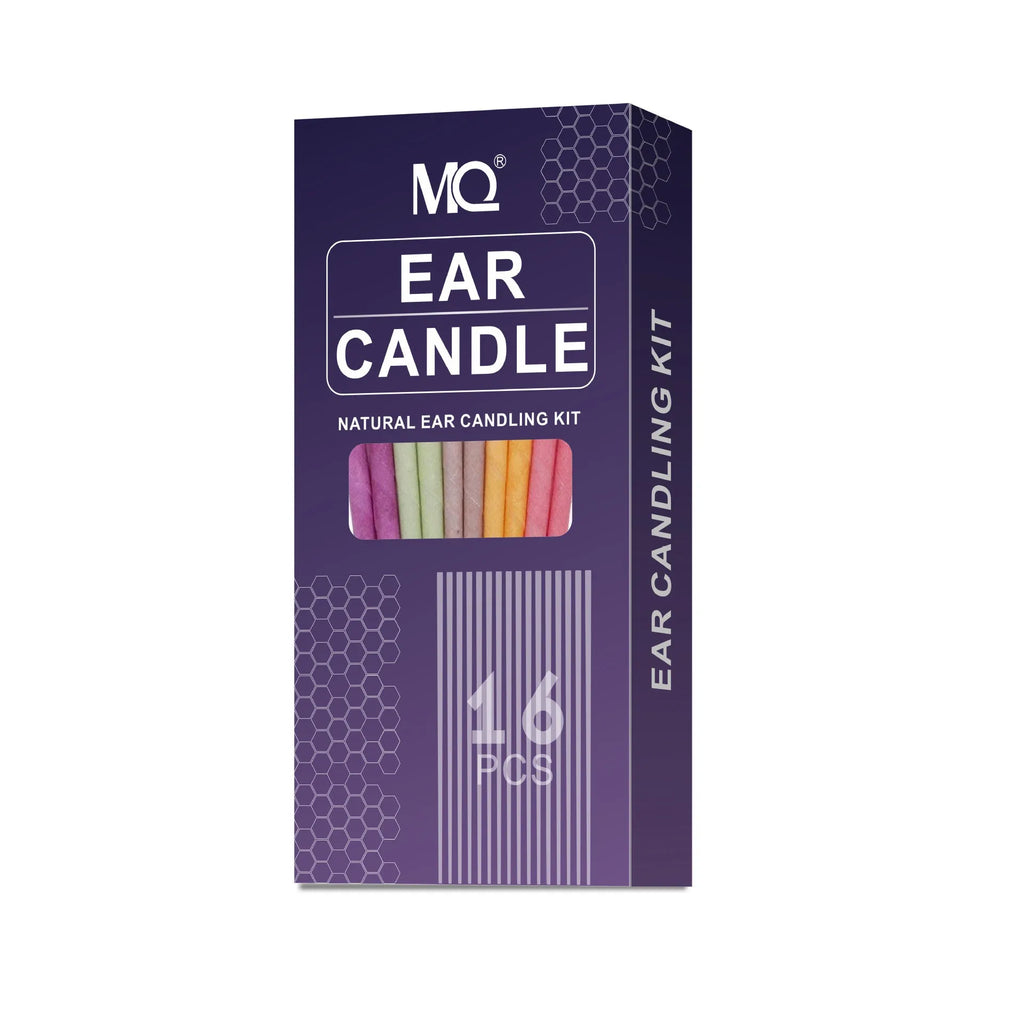 MQ horn colour ear candle set showing 16 candles, 8 protection boards and 16 cotton swabs in box