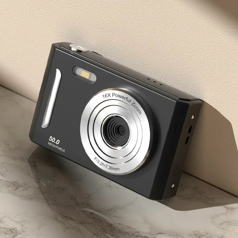 CCD student camera with dual front and rear cameras, HD screen, available in pink and black colours