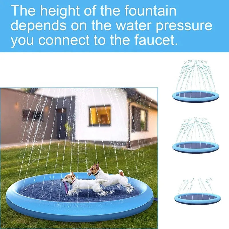 Large blue anti-slip dog splash pad with a textured surface in a sunny garden.