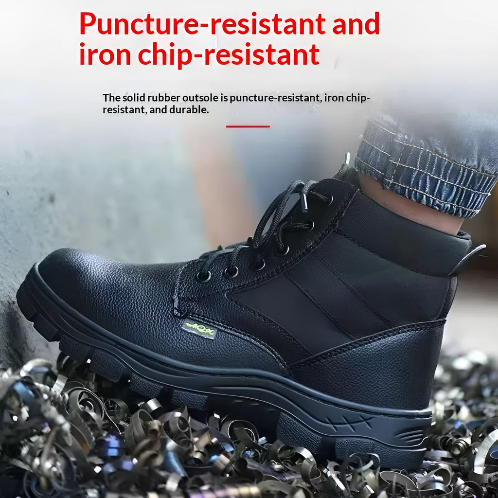 Black high-top leather safety shoes for men with steel toe cap, rubber outsole, and lace-up front