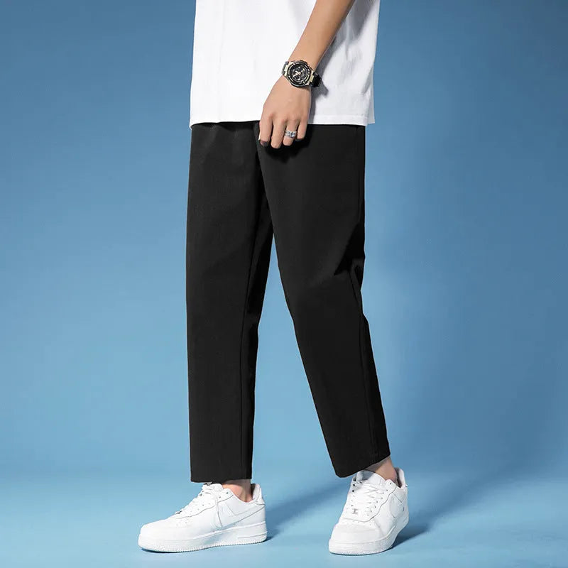 Mens solid colour cropped straight leg pants in black and gray, polyester drawstring waist, sizes M-5XL