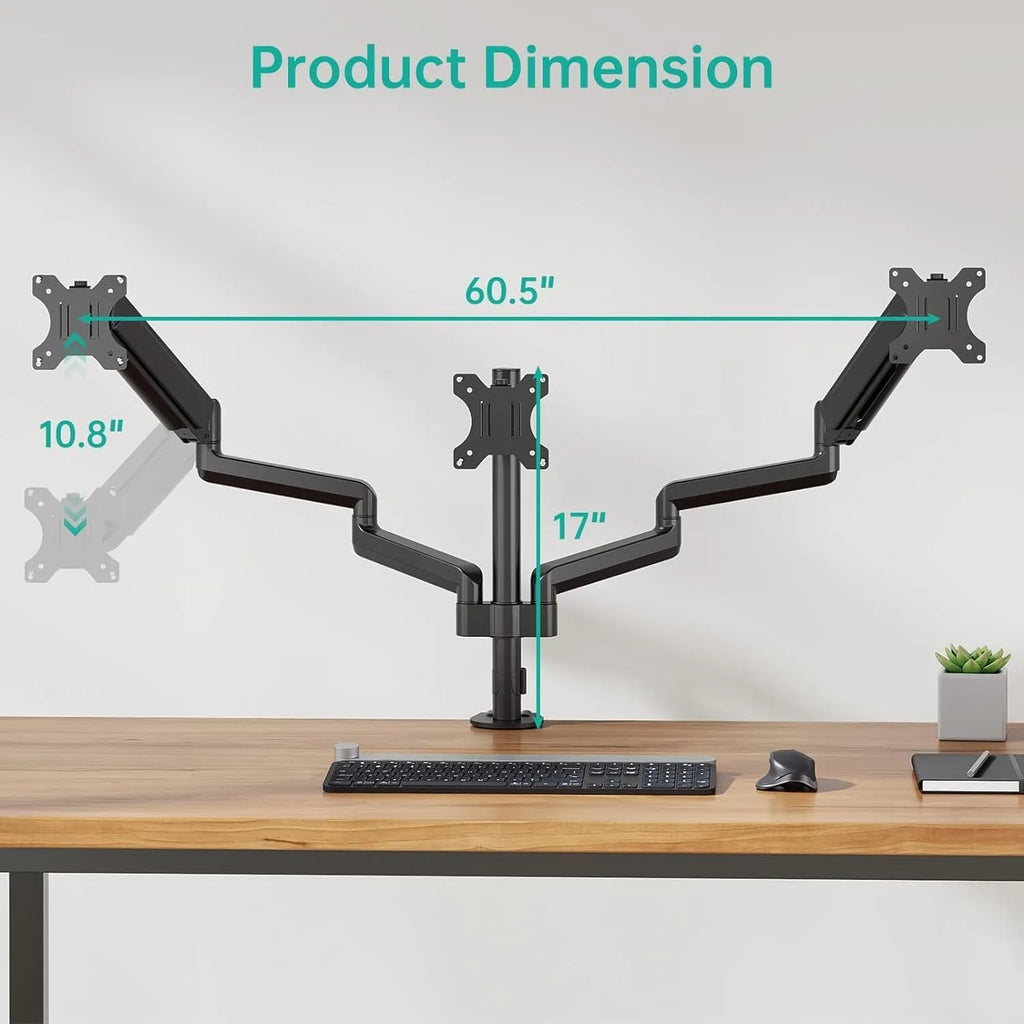 Black aluminium alloy triple-arm gas spring monitor arm for 27-inch screens