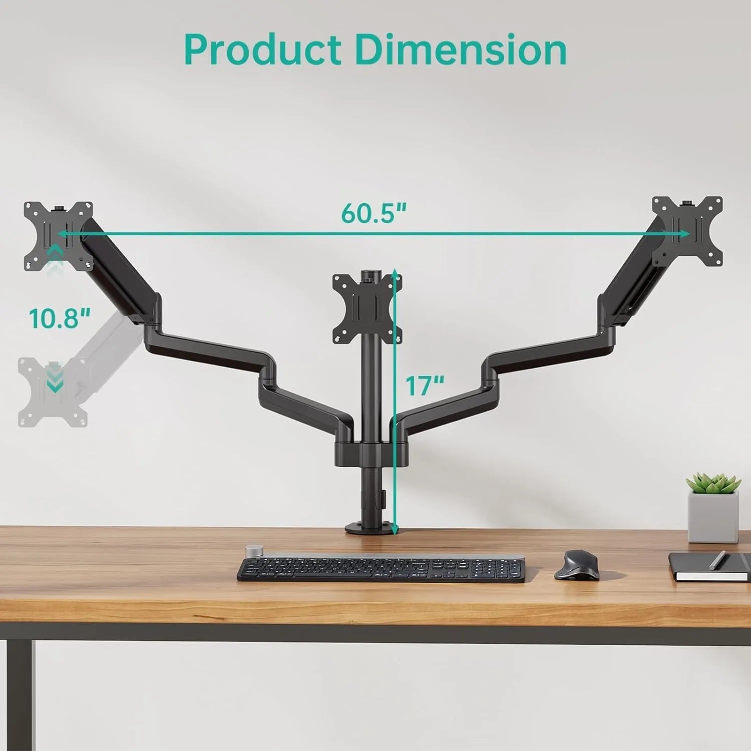 Black aluminium alloy triple-arm gas spring monitor arm for 27-inch screens