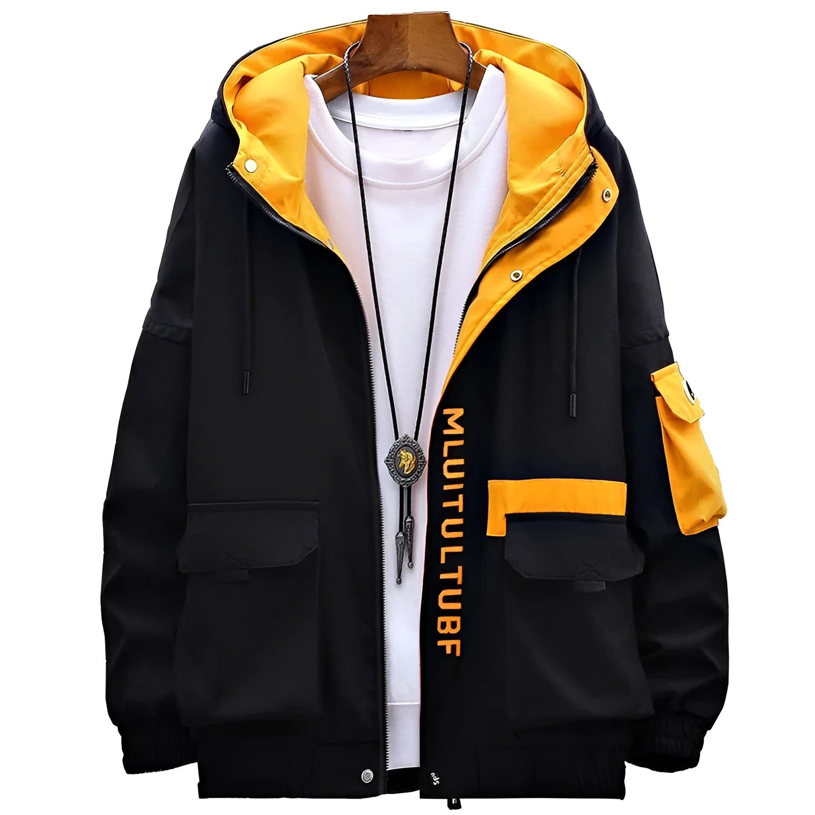 Men's thickened casual hooded jacket in Korean style, polyester fabric, available in yellow, grey, and black, sizes M to 4XL