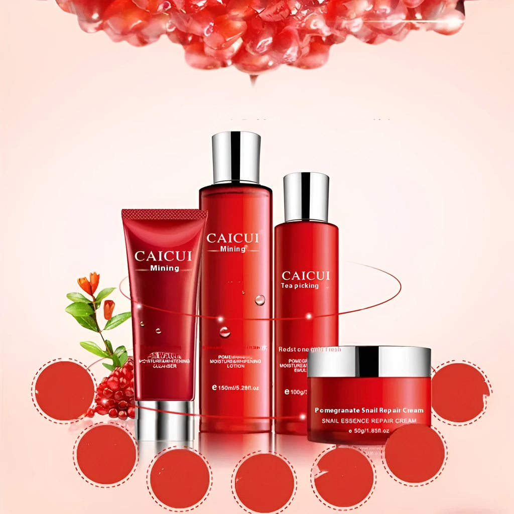 Red pomegranate skincare set with four bottles: face wash, toner, lotion, and facial cream.