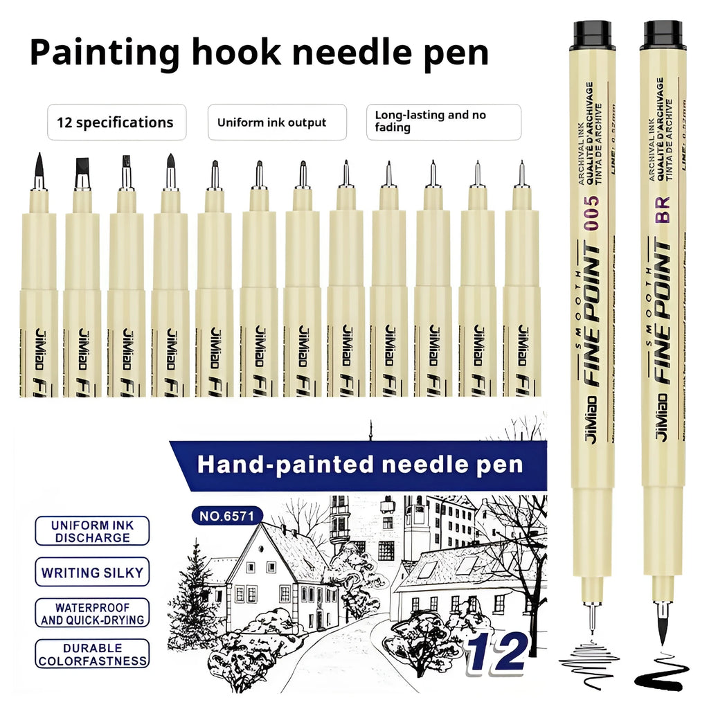 Waterproof needle pen with hook line art cartoon sketch design and syringe-style appearance