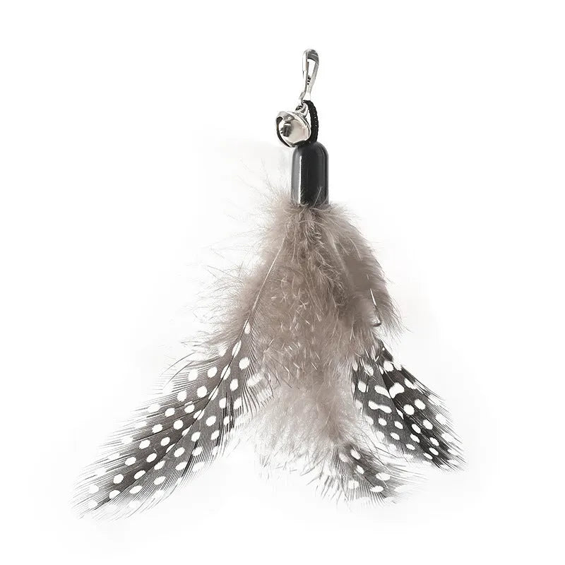 Wooden handle cat teasing stick with feather bell on spring for interactive play