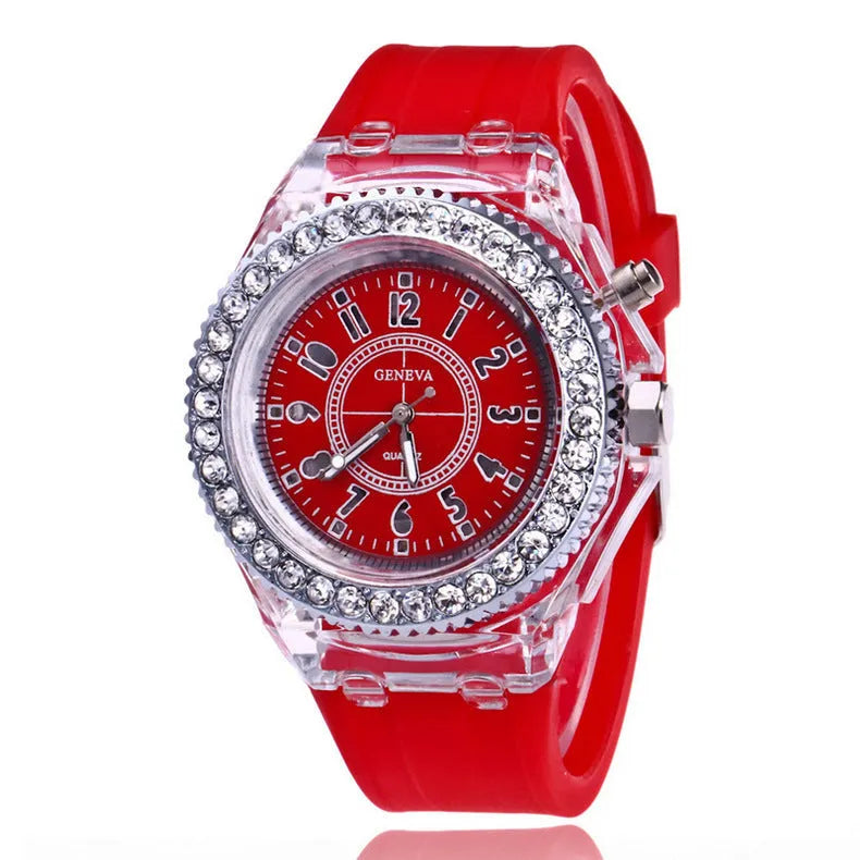 Women's LED luminous quartz watch with round 43mm alloy case and silicone strap in multiple colour options