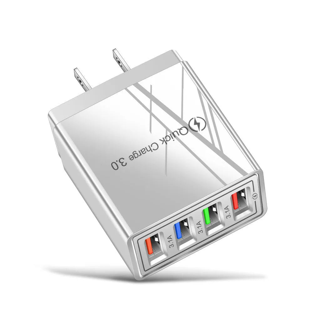 Dark Blue 4-port USB mobile phone charger with EU plug, showing dimensions and USB ports.