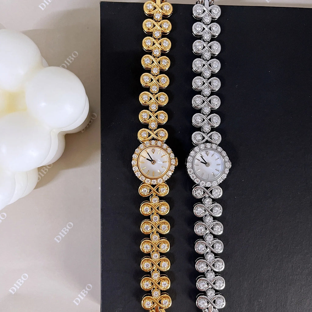 Antique luxury diamond quartz women's watch in gold with 316 stainless steel strap and synthetic sapphire dial