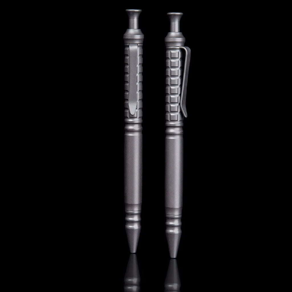 Gunmetal grey titanium alloy push-action pen with 0.5mm nib and gift box packaging