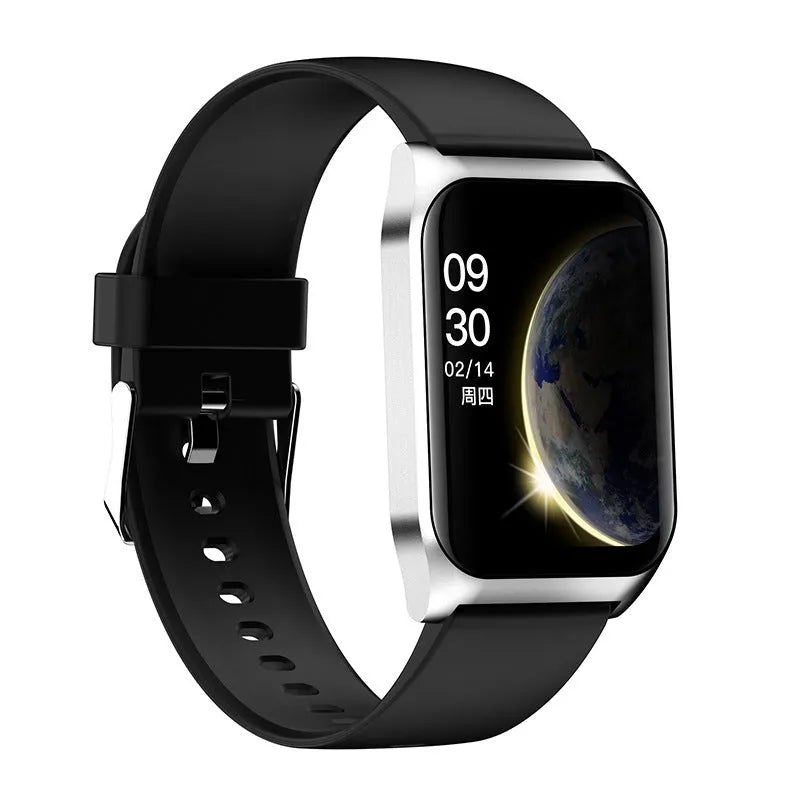 Black smart watch with heart rate monitor and 1.69-inch screen on a silicone wrist strap.