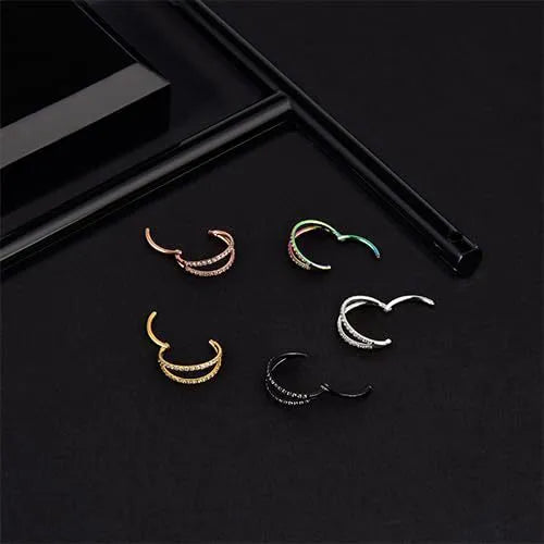 G23 titanium alloy lip ring and nose ring set with diamond treatment in gold or steel colour.