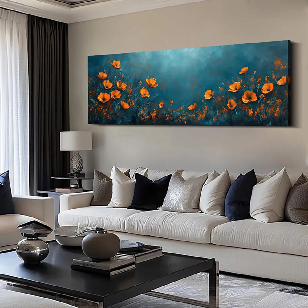 Abstract floral handmade oil painting on canvas, unstretched frameless, modern horizontal design for home decor