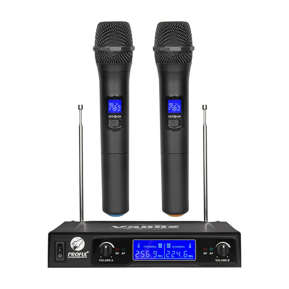 V-3002 wireless handheld microphone system with two black microphones and compact transmitter unit
