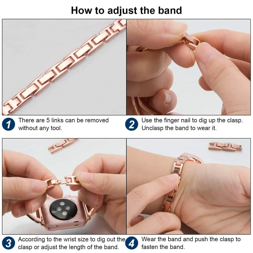 Zinc alloy Apple Watch strap with herringbone diamond pattern in silver, black, rose pink, or rose gold for Series 4/3/2/1.